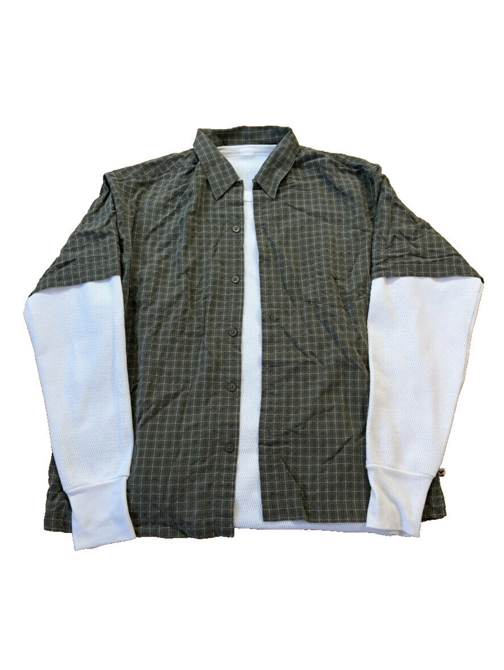 Y2K Rayon Grid Tartan Plaid Button Up Layered Look Surf Skater Style Sz L
